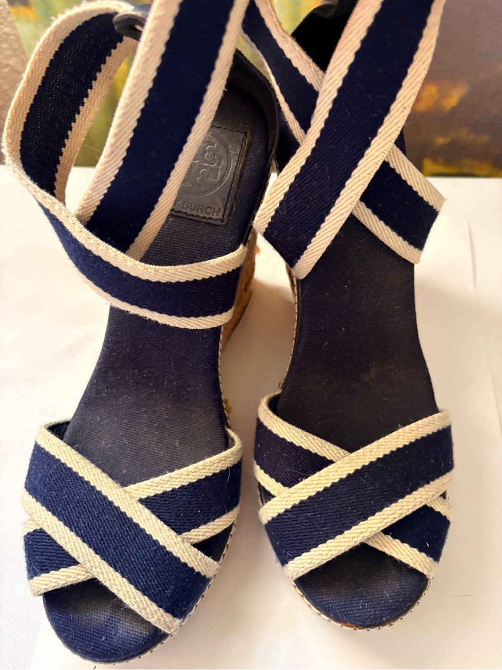 Tory Burch Navy and Cream Canvas Crisscross Wedge Sandals - Size 8B